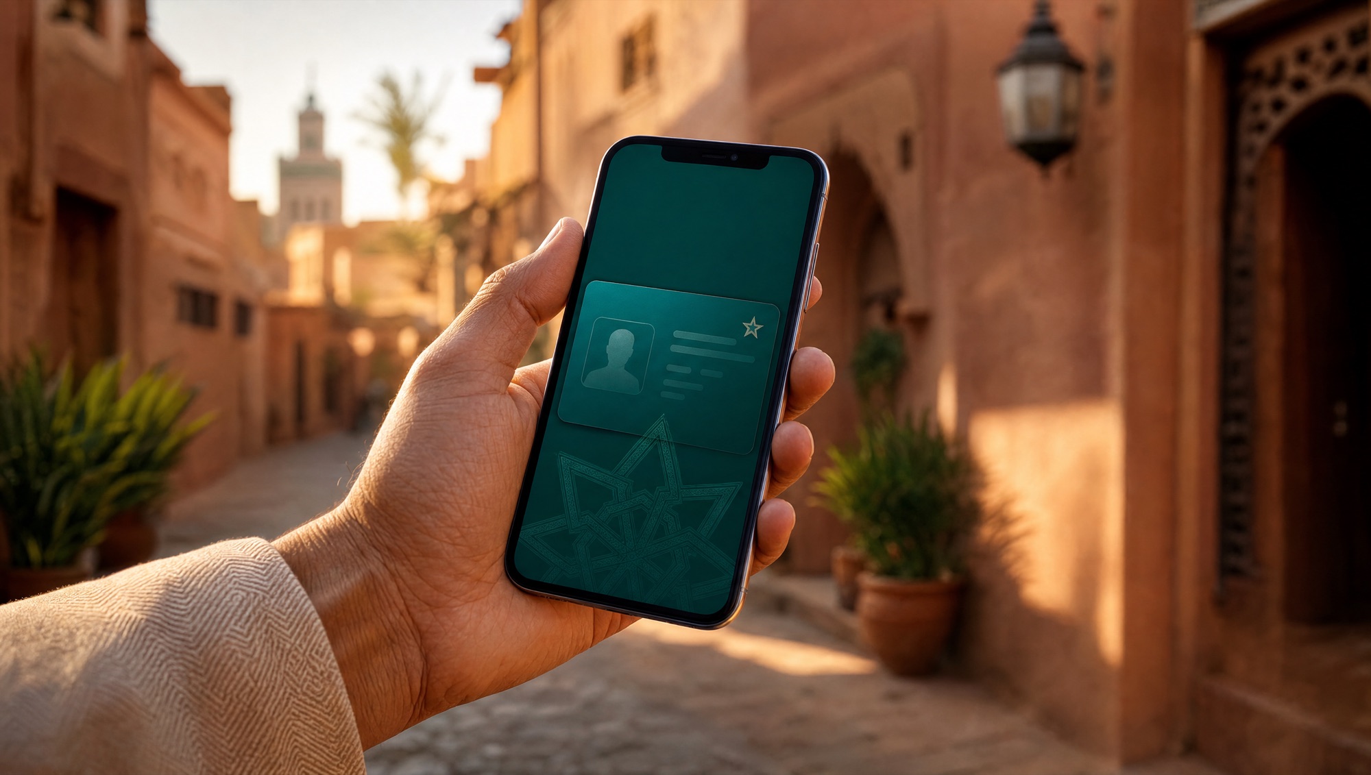 Une main tenant un iPhone affichant une carte d'identité teal avec une étoile zellige, dans une rue marocaine ensoleillée.