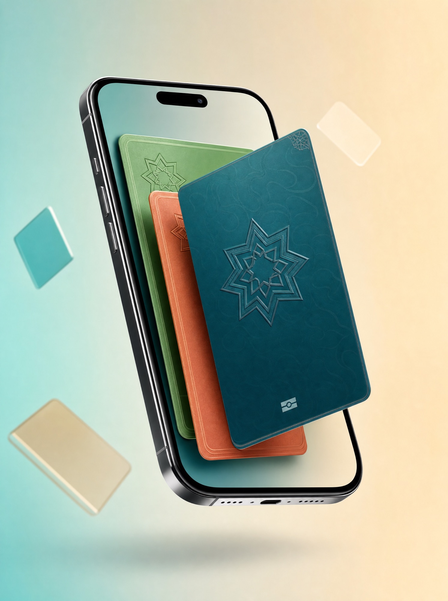 Un iPhone affichant des cartes de documents marocains — permis, carte grise, assurance — chacune portant un sceau zellige.